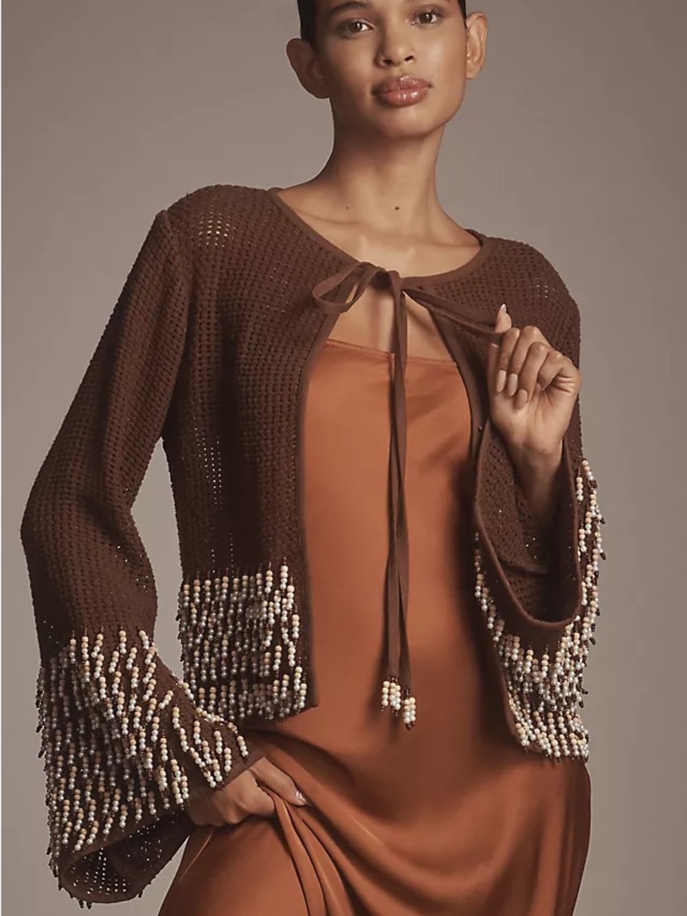 Tolani Brown Beaded Tie-Front Cardigan Sweater